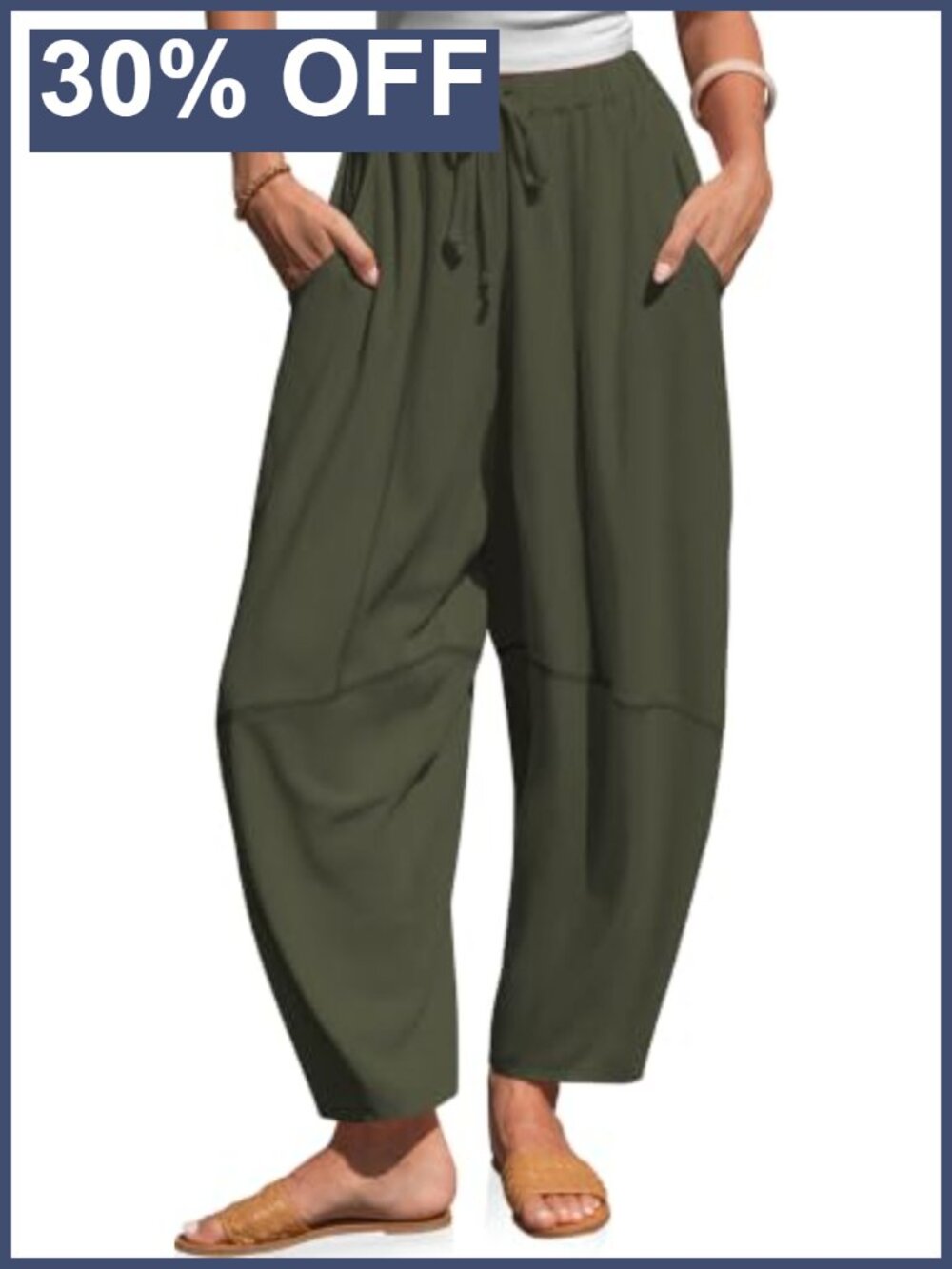 Linen Blend Harem Barrel Pants Baggy Wide Leg Cropped Lounge with Pockets